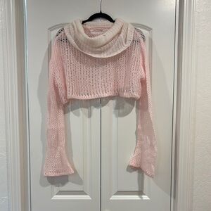 Cozy Cropped Pink and Cream Cowl Neck Sweater